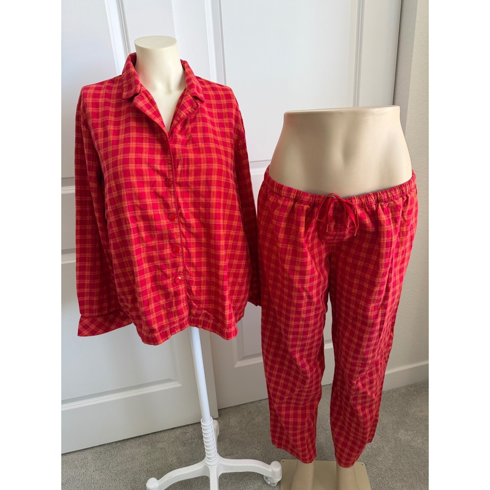 Victorias Secret Red Orange Plaid Cotton Pajama Set Medium Button Down Sleepwear